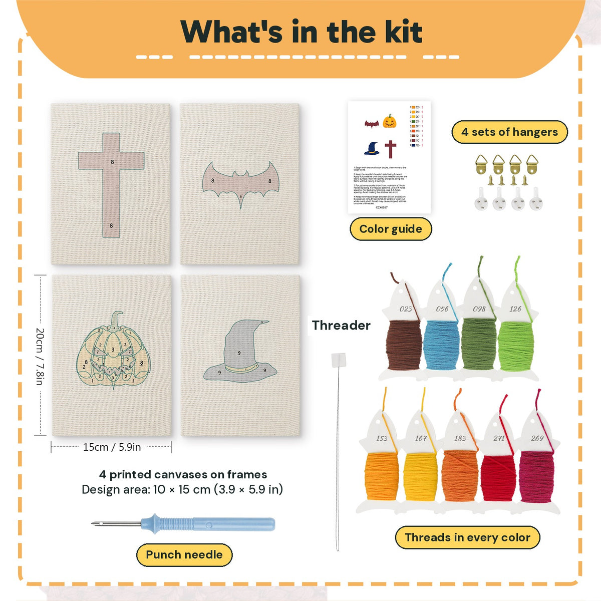 What is in the Wizard Hat Pumpkin set: 4 printed canvases, punch needle, threader, threads, color guide and 4 sets of hangers (6 × 8 in (15 × 20 cm) each)