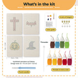 What is in the Wizard Hat Pumpkin set: 4 printed canvases, punch needle, threader, threads, color guide and 4 sets of hangers (6 × 8 in (15 × 20 cm) each)