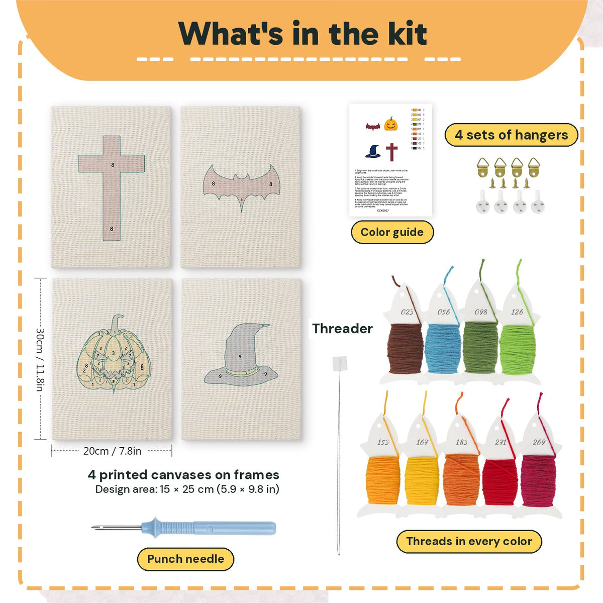 What is in the Wizard Hat Pumpkin set, 8 × 12 in (20 × 30 cm) each: 4 printed canvases, punch needle, threader, threads, color guide and 4 sets of hangers