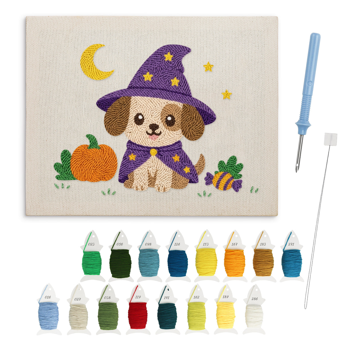 Wizard Puppy punch needle kit: finished canvas with threads, punch needle and threader