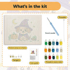 What is in the Wizard Puppy kit: printed canvas, punch needle, threader, threads, color guide and hangers