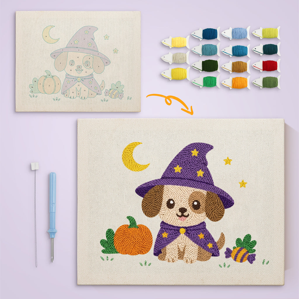 Wizard Puppy canvas before and after punching, with the threads and tools