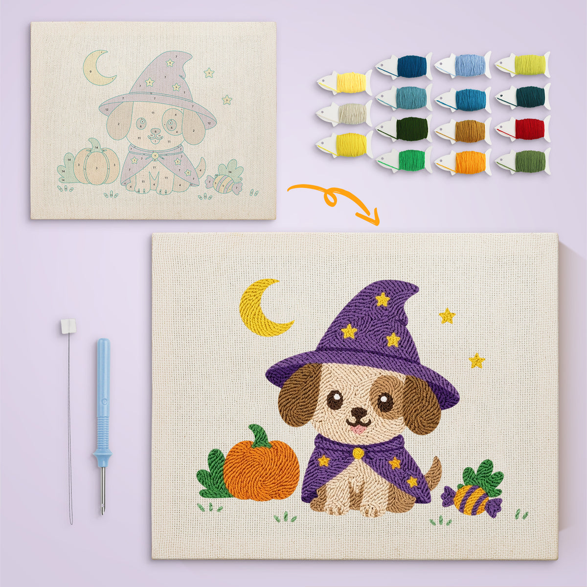 Wizard Puppy canvas before and after punching, with the threads and tools