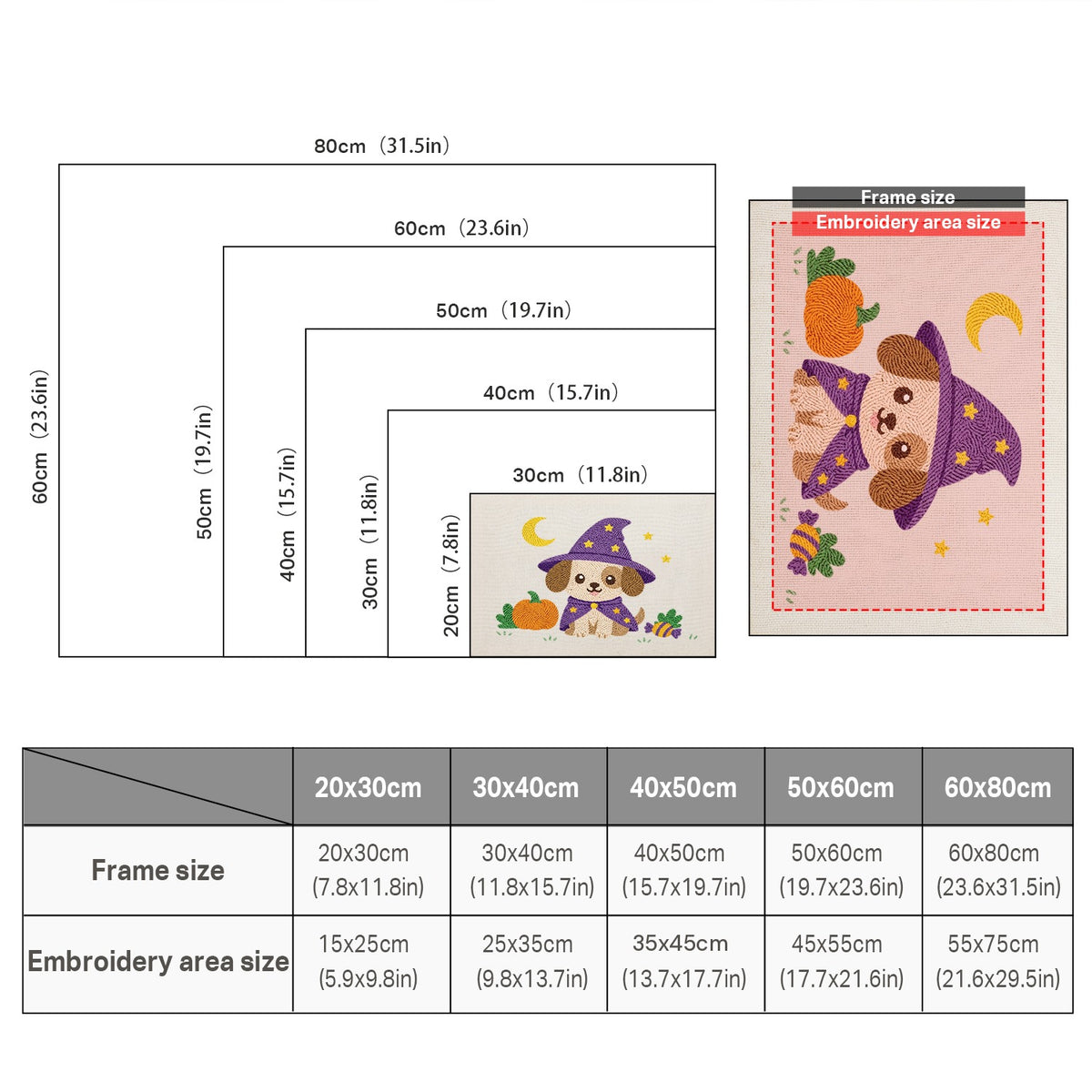 Size chart for punch needle kits from 20 x 30 cm to 60 x 80 cm