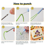 Six steps showing how to thread and use the punch needle