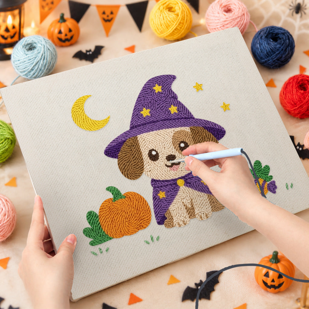 Punching the Wizard Puppy design with the punch needle