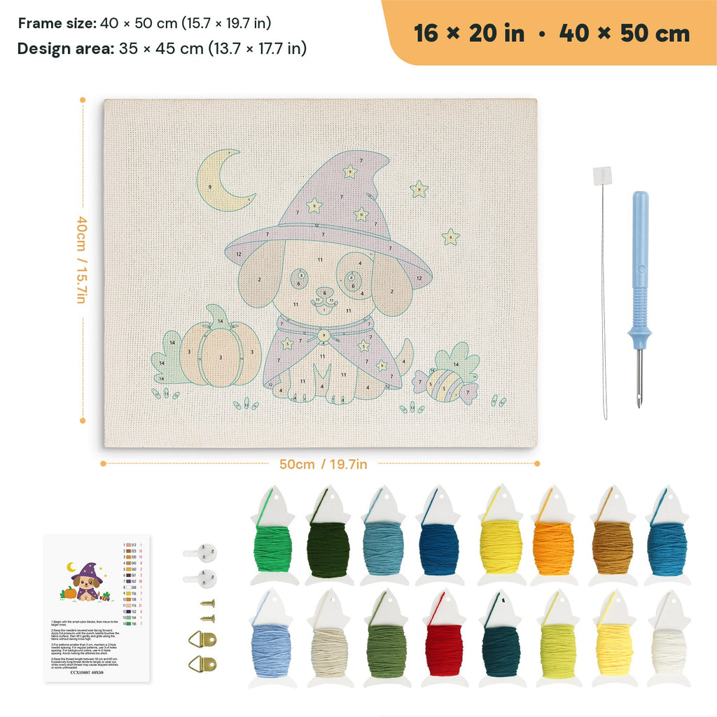 Wizard Puppy punch needle kit, 16 × 20 in (40 × 50 cm): canvas size and kit contents