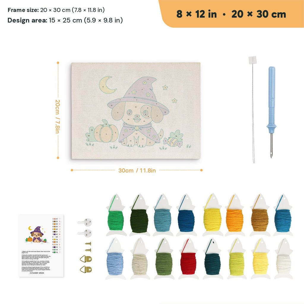Wizard Puppy punch needle kit, 8 × 12 in (20 × 30 cm): canvas size and kit contents