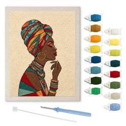 Woman in Headwrap punch needle kit: finished canvas with threads, punch needle and threader