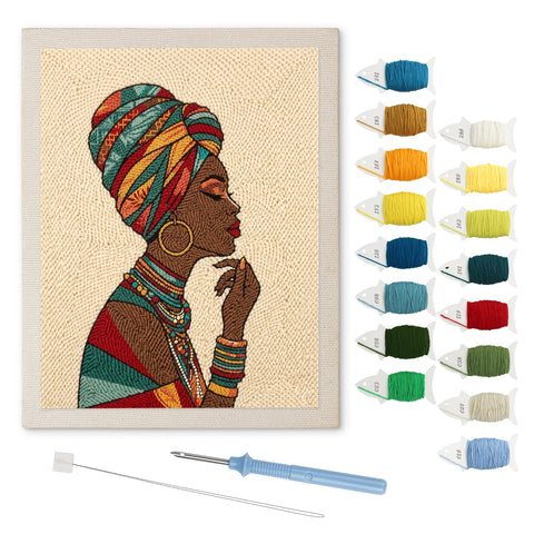 Woman in Headwrap punch needle kit: finished canvas with threads, punch needle and threader
