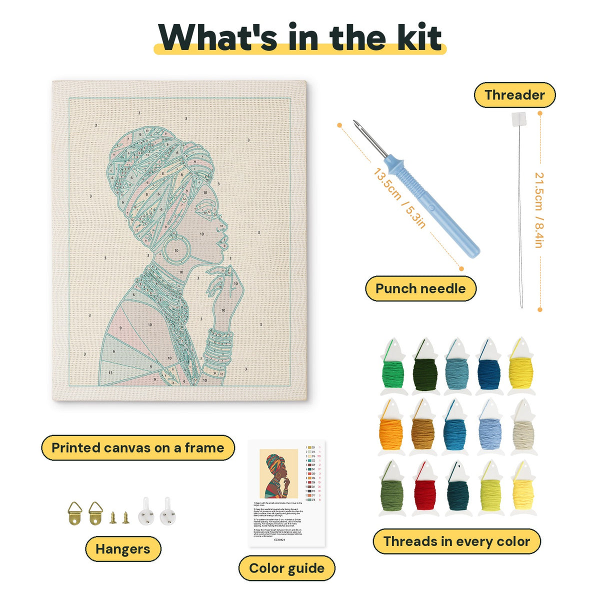 What is in the Woman in Headwrap kit: printed canvas, punch needle, threader, threads, color guide and hangers