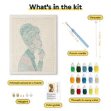 What is in the Woman in Headwrap kit: printed canvas, punch needle, threader, threads, color guide and hangers