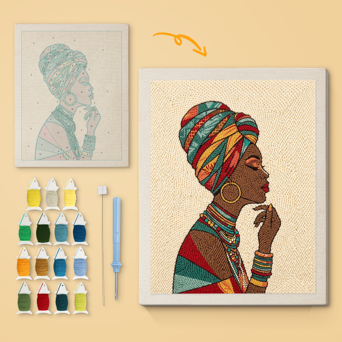 Woman in Headwrap canvas before and after punching, with the threads and tools