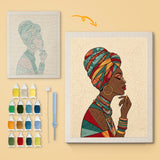 Woman in Headwrap canvas before and after punching, with the threads and tools