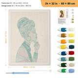 Woman in Headwrap punch needle kit, 24 × 32 in (60 × 80 cm): canvas size and kit contents