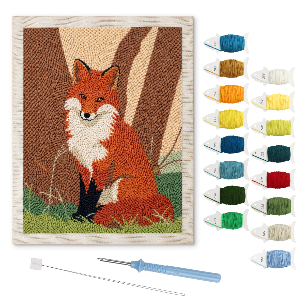 Woodland Fox punch needle kit: finished canvas with threads, punch needle and threader