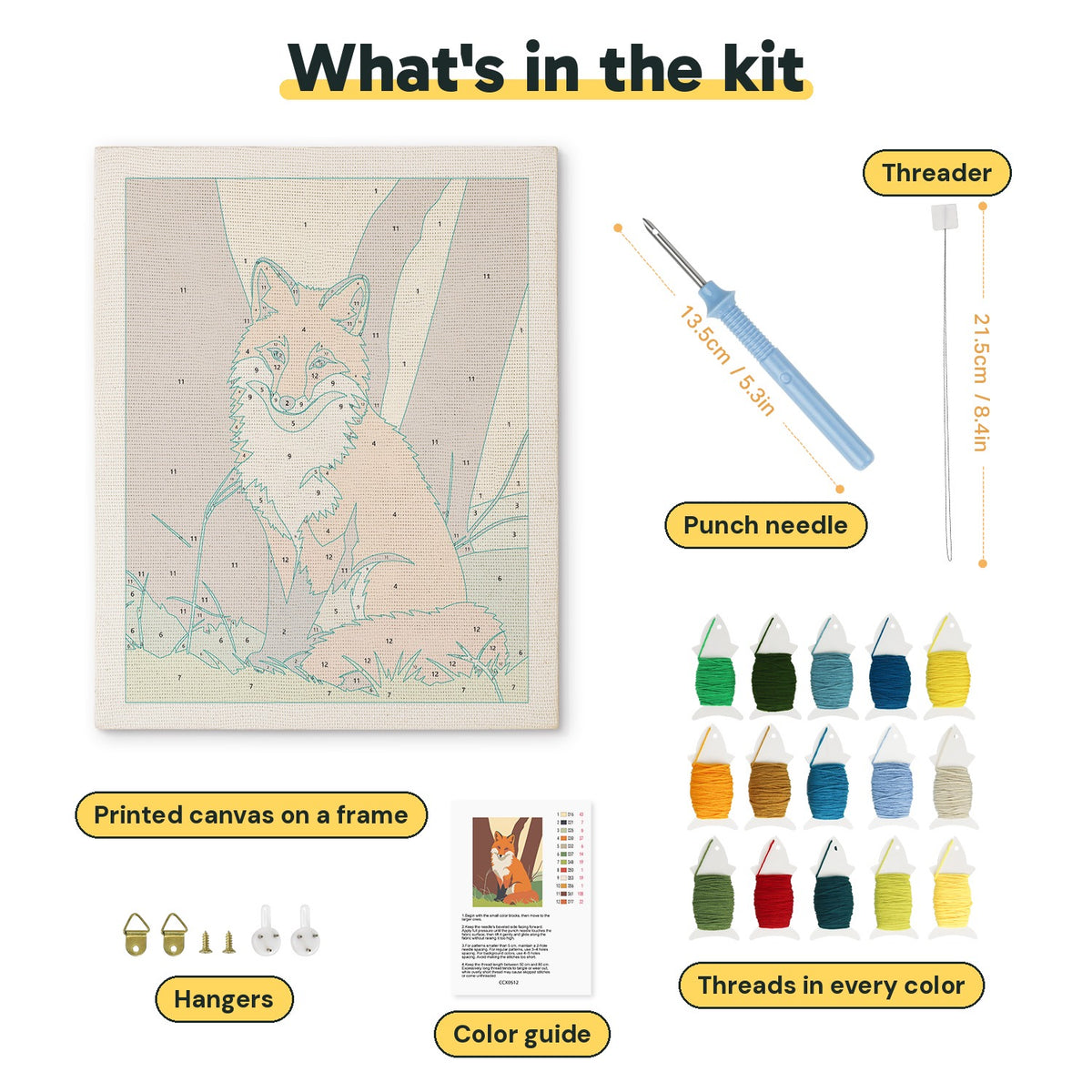 What is in the Woodland Fox kit: printed canvas, punch needle, threader, threads, color guide and hangers