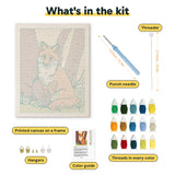 What is in the Woodland Fox kit: printed canvas, punch needle, threader, threads, color guide and hangers
