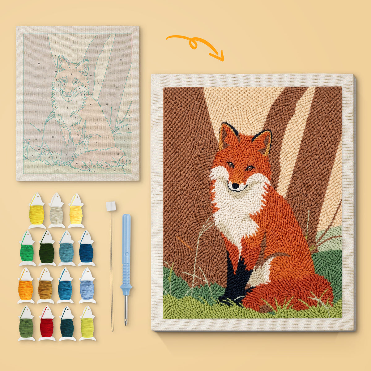 Woodland Fox canvas before and after punching, with the threads and tools