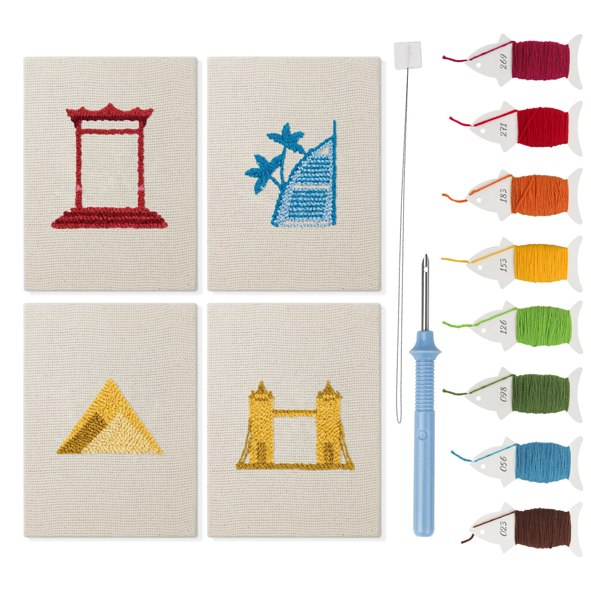 World Landmarks mini punch needle kit set: four finished canvases with threads, punch needle and threader