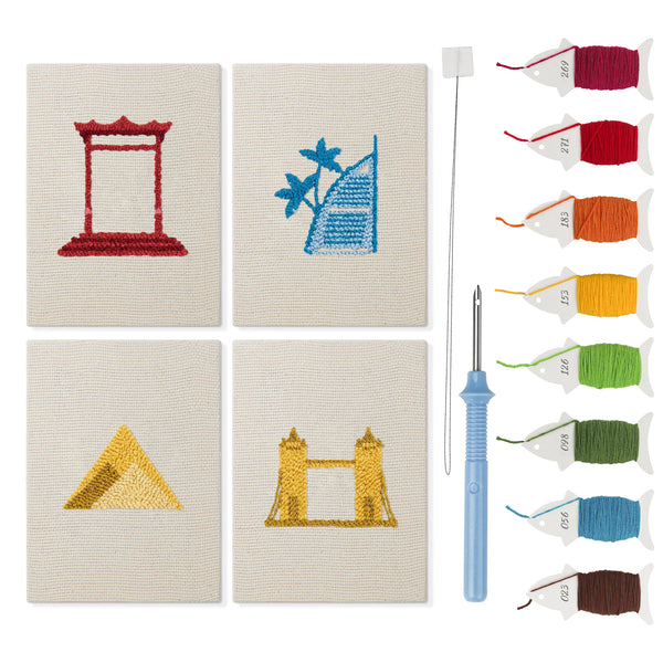 World Landmarks mini punch needle kit set: four finished canvases with threads, punch needle and threader