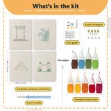 What is in the World Landmarks set: 4 printed canvases, punch needle, threader, threads, color guide and 4 sets of hangers (6 × 8 in (15 × 20 cm) each)