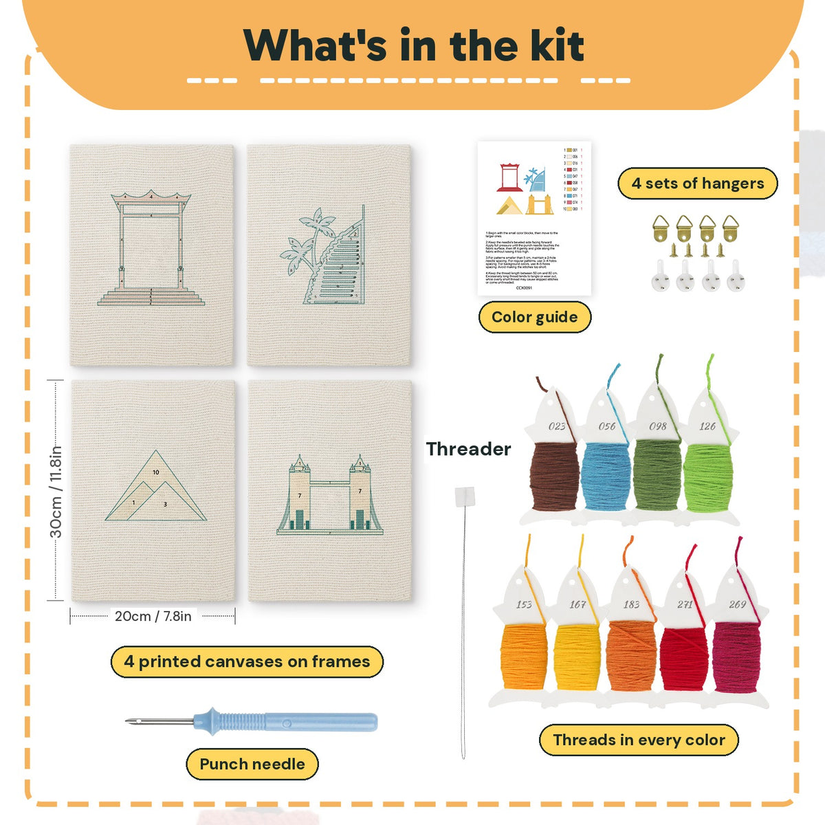 What is in the World Landmarks set, 8 × 12 in (20 × 30 cm) each: 4 printed canvases, punch needle, threader, threads, color guide and 4 sets of hangers