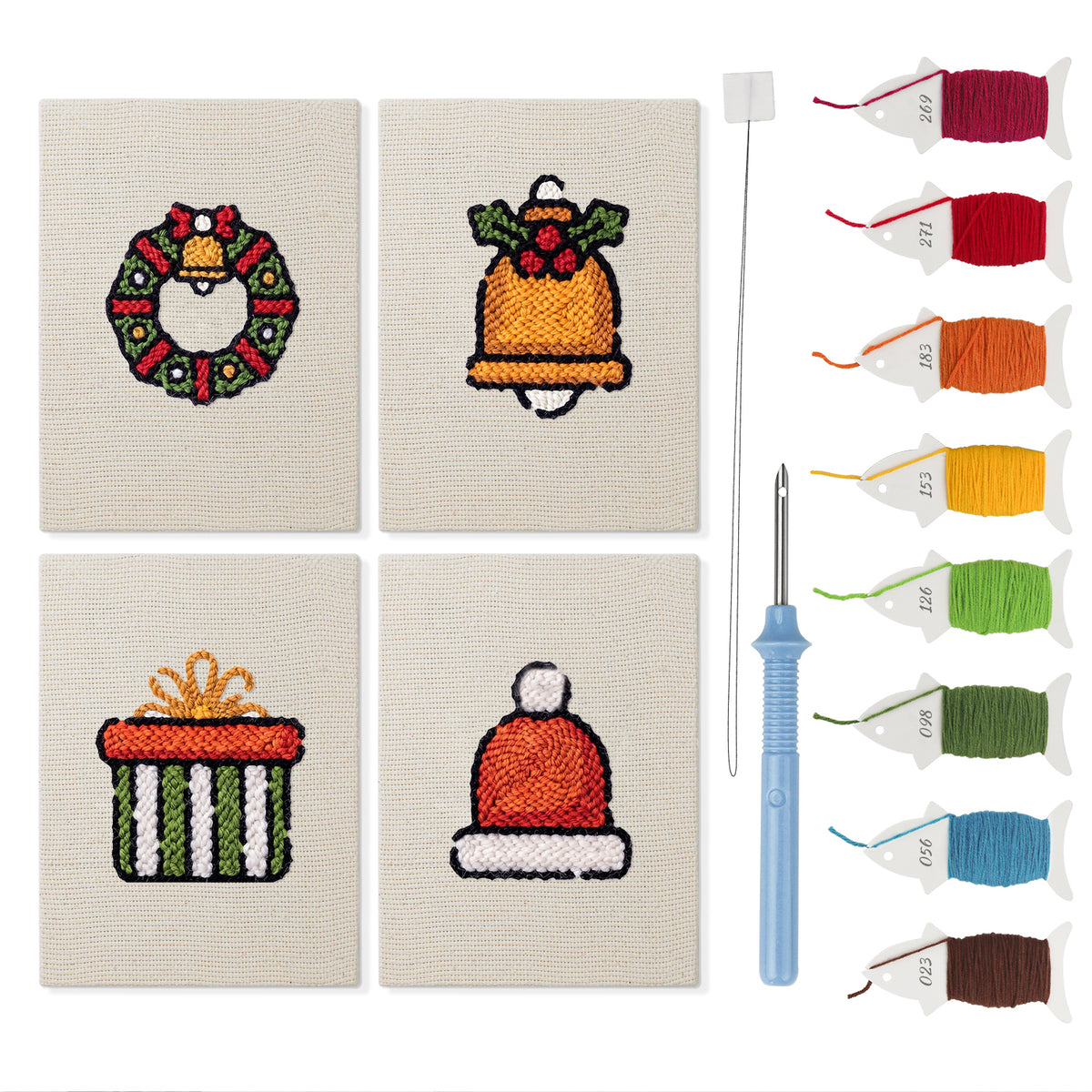Wreath and Bell mini punch needle kit set: four finished canvases with threads, punch needle and threader