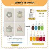 What is in the Wreath and Bell set: 4 printed canvases, punch needle, threader, threads, color guide and 4 sets of hangers (6 × 8 in (15 × 20 cm) each)