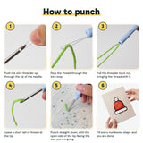 Six steps showing how to thread and use the punch needle