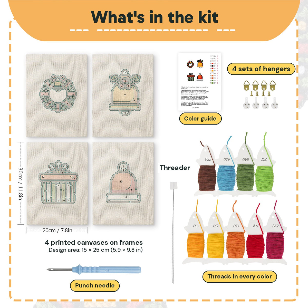 What is in the Wreath and Bell set, 8 × 12 in (20 × 30 cm) each: 4 printed canvases, punch needle, threader, threads, color guide and 4 sets of hangers