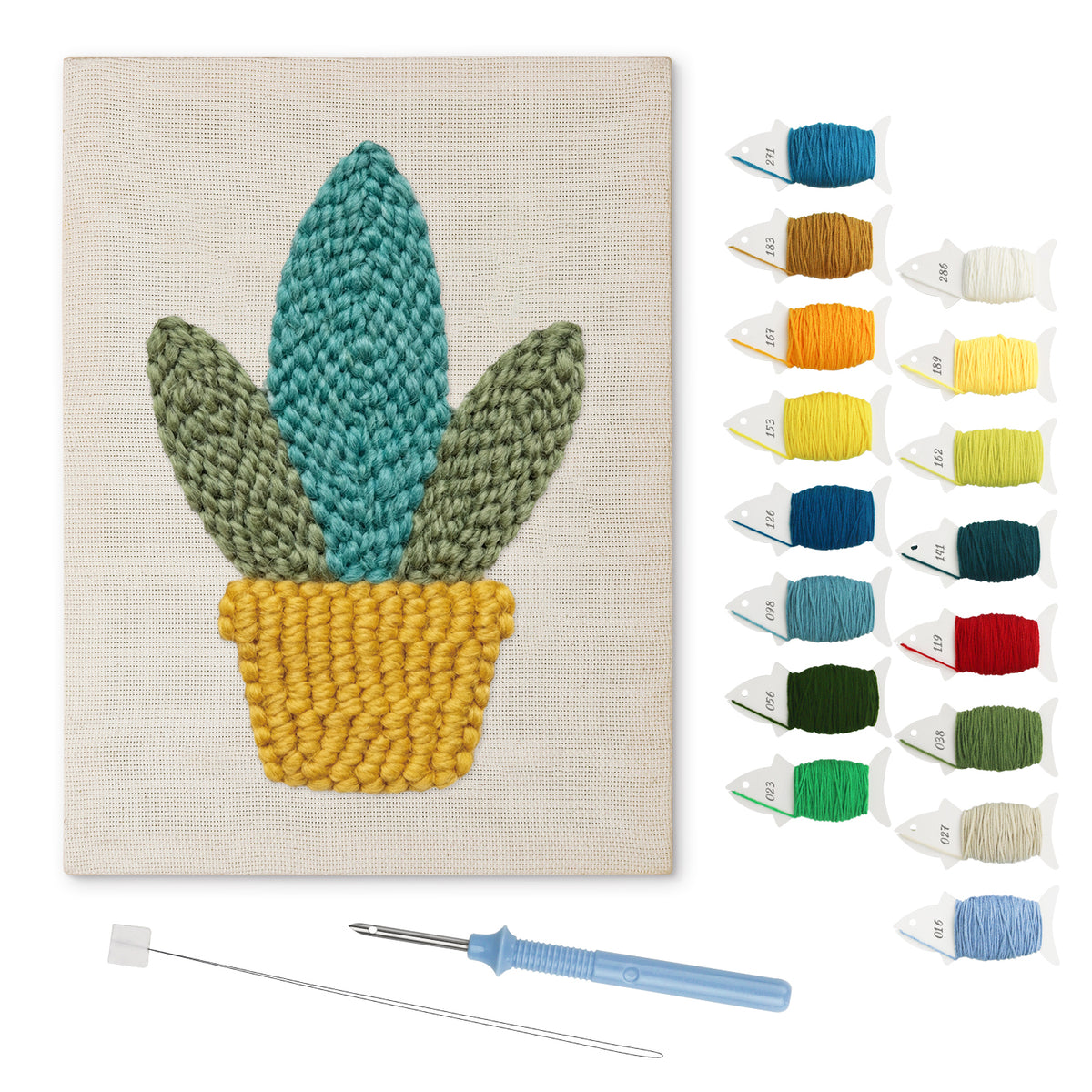 Yellow Basket Plant punch needle kit: finished canvas with threads, punch needle and threader