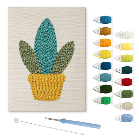 Yellow Basket Plant punch needle kit: finished canvas with threads, punch needle and threader