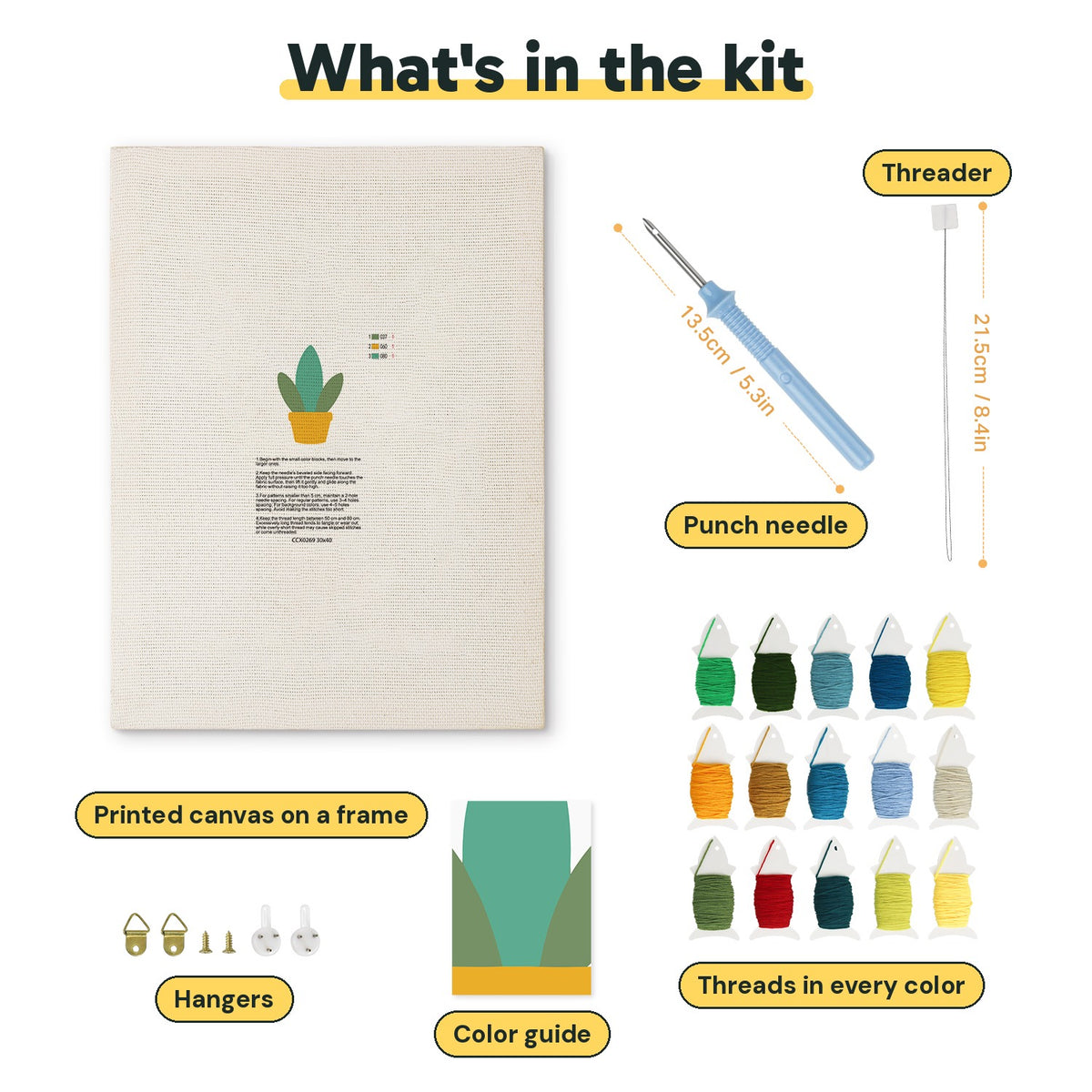 What is in the Yellow Basket Plant kit: printed canvas, punch needle, threader, threads, color guide and hangers