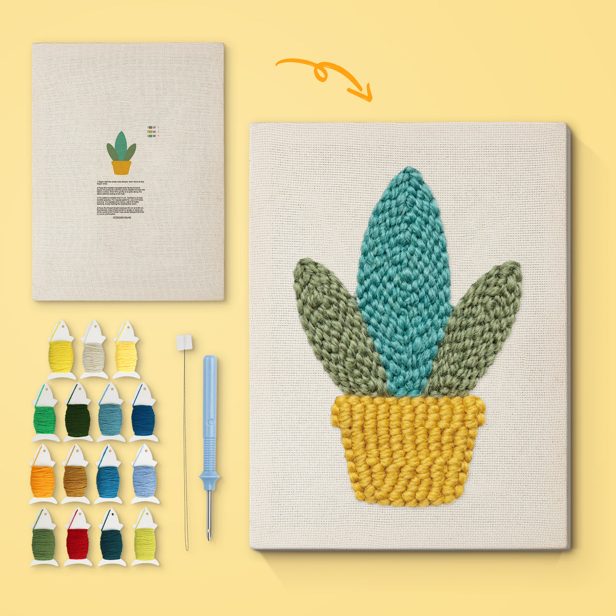 Yellow Basket Plant canvas before and after punching, with the threads and tools
