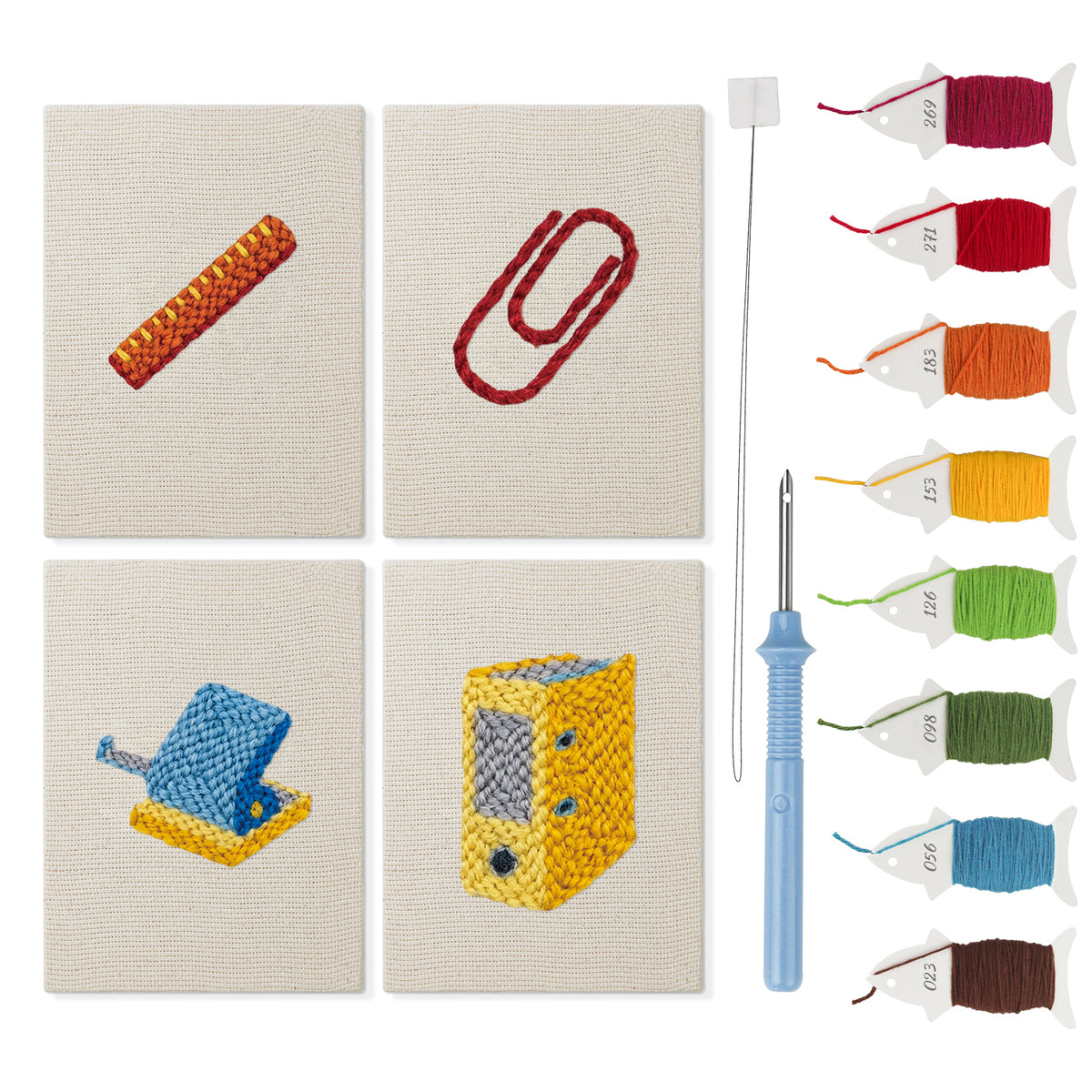 Yellow Binder Office mini punch needle kit set: four finished canvases with threads, punch needle and threader
