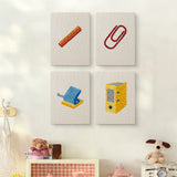 The four Yellow Binder Office mini canvases on a wall above a shelf