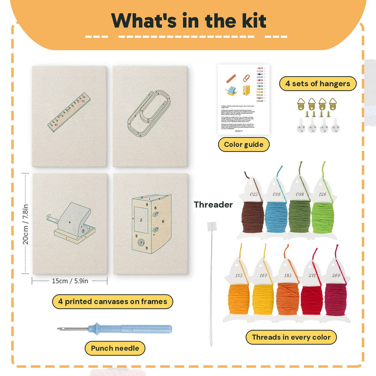 What is in the Yellow Binder Office set: 4 printed canvases, punch needle, threader, threads, color guide and 4 sets of hangers (6 × 8 in (15 × 20 cm) each)
