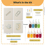 What is in the Yellow Binder Office set, 8 × 12 in (20 × 30 cm) each: 4 printed canvases, punch needle, threader, threads, color guide and 4 sets of hangers