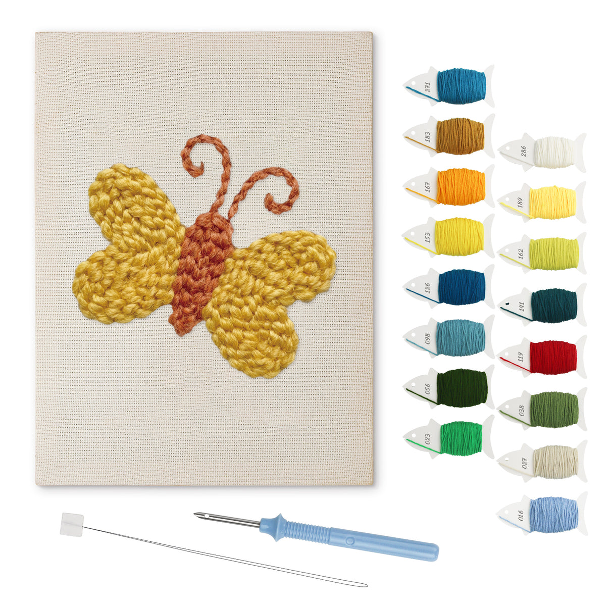 Yellow Butterfly punch needle kit: finished canvas with threads, punch needle and threader