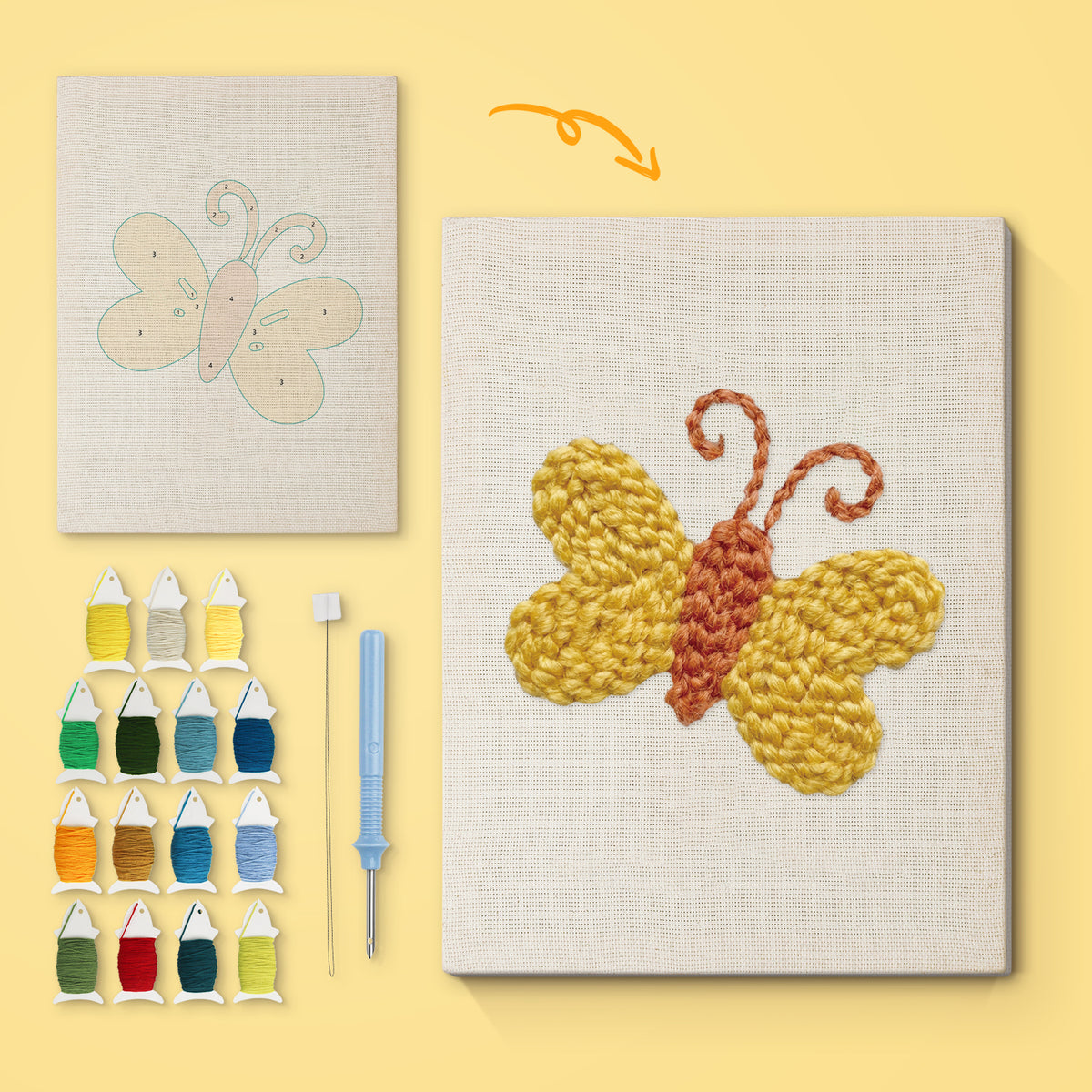 Yellow Butterfly canvas before and after punching, with the threads and tools