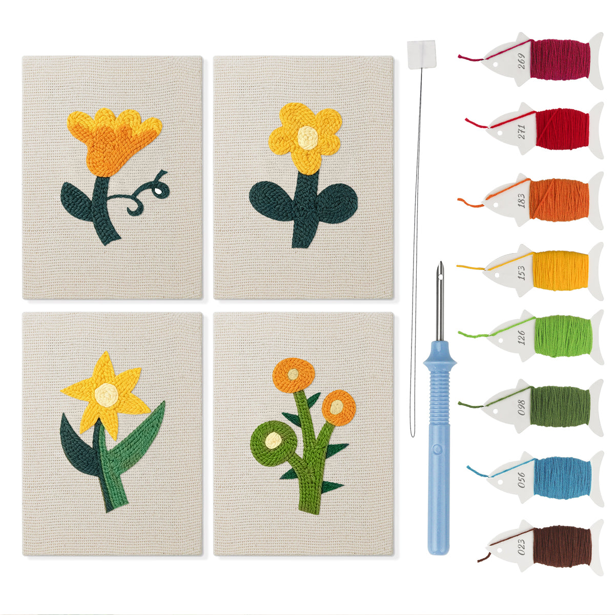 Yellow Folk Flowers mini punch needle kit set: four finished canvases with threads, punch needle and threader