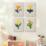 The four Yellow Folk Flowers mini canvases on a wall above a shelf