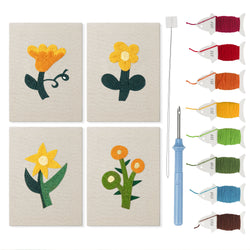 Yellow Folk Flowers mini punch needle kit set: four finished canvases with threads, punch needle and threader