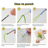Six steps showing how to thread and use the punch needle