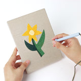 Punching a Yellow Folk Flowers mini canvas with the punch needle