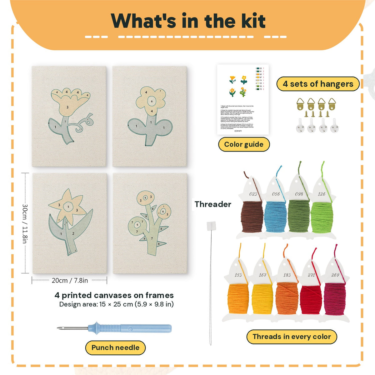 What is in the Yellow Folk Flowers set, 8 × 12 in (20 × 30 cm) each: 4 printed canvases, punch needle, threader, threads, color guide and 4 sets of hangers