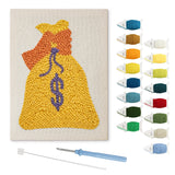 Yellow Money Bag punch needle kit: finished canvas with threads, punch needle and threader