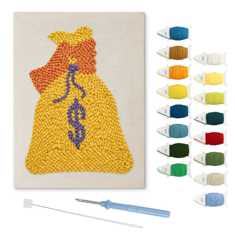 Yellow Money Bag punch needle kit: finished canvas with threads, punch needle and threader