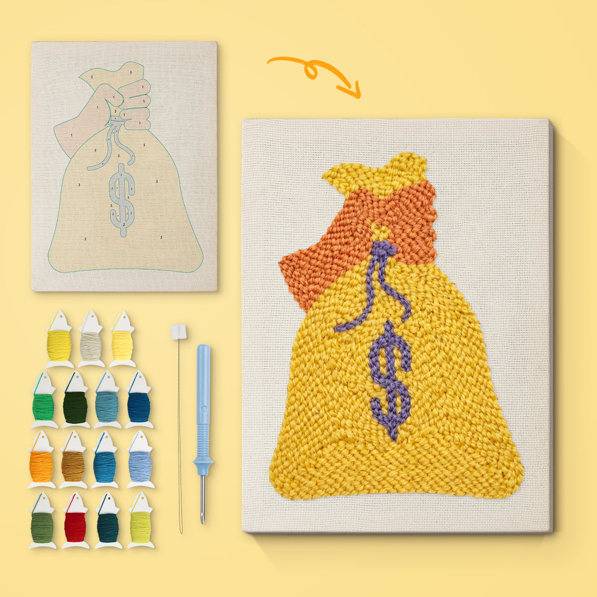 Yellow Money Bag canvas before and after punching, with the threads and tools